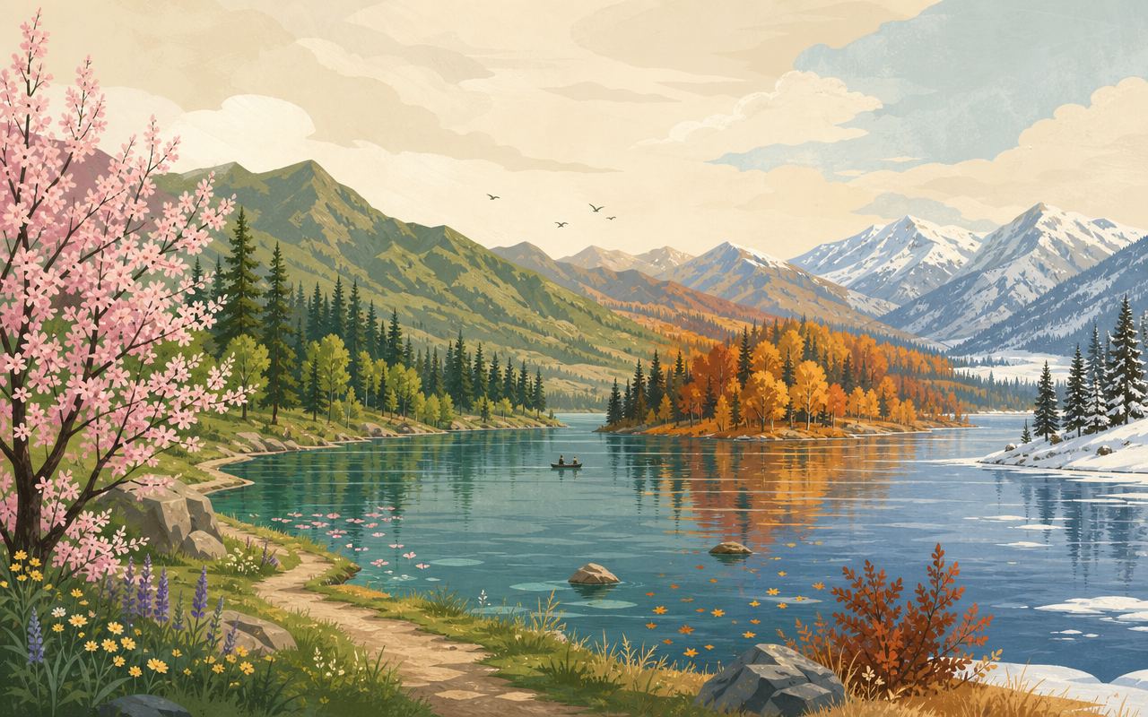 A lakeshore scene blending the seasons: spring blossoms, summer green and autumn gold