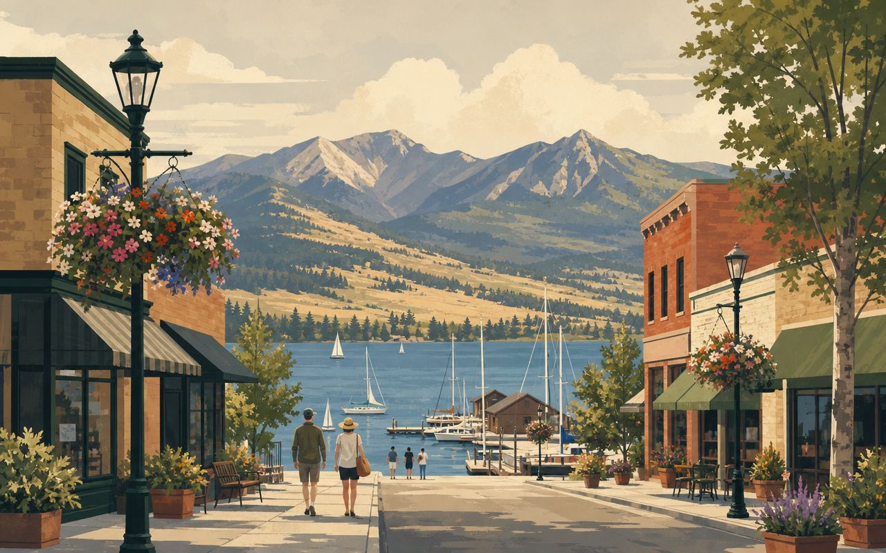 A small lakeside village street with brick storefronts, a marina with sailboats beyond