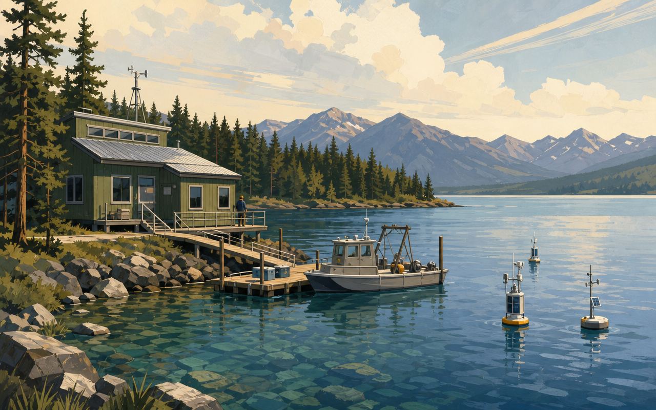 A lakeside research station building with a dock and research boat