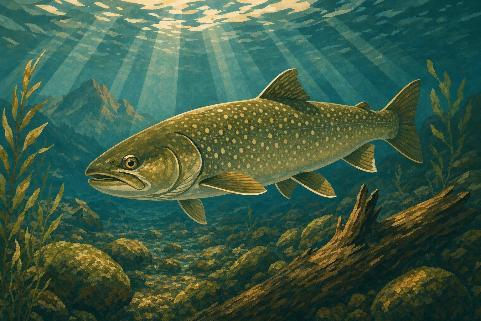 An underwater view of a bull trout, a large char with pale spots on an olive-green body