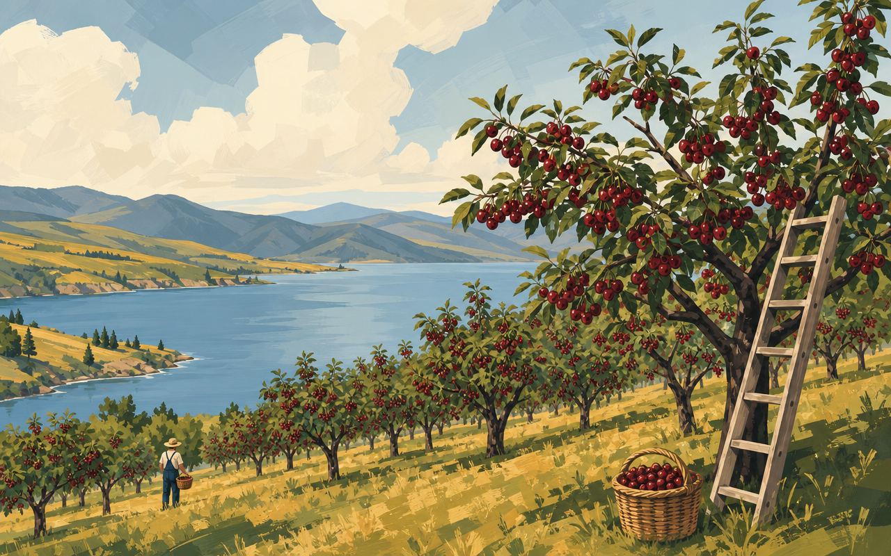 Rows of cherry trees heavy with fruit on a hillside orchard overlooking the lake
