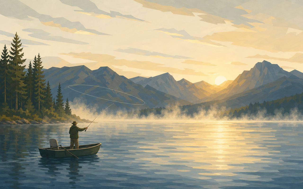An angler fishing from a small boat on calm lake water at sunrise
