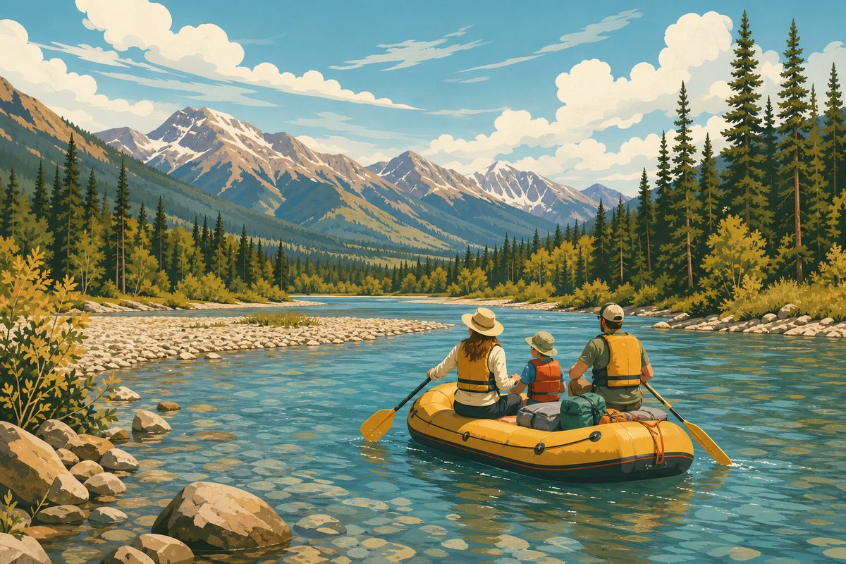 A family rafting past a gravel bar on the North Fork Flathead River