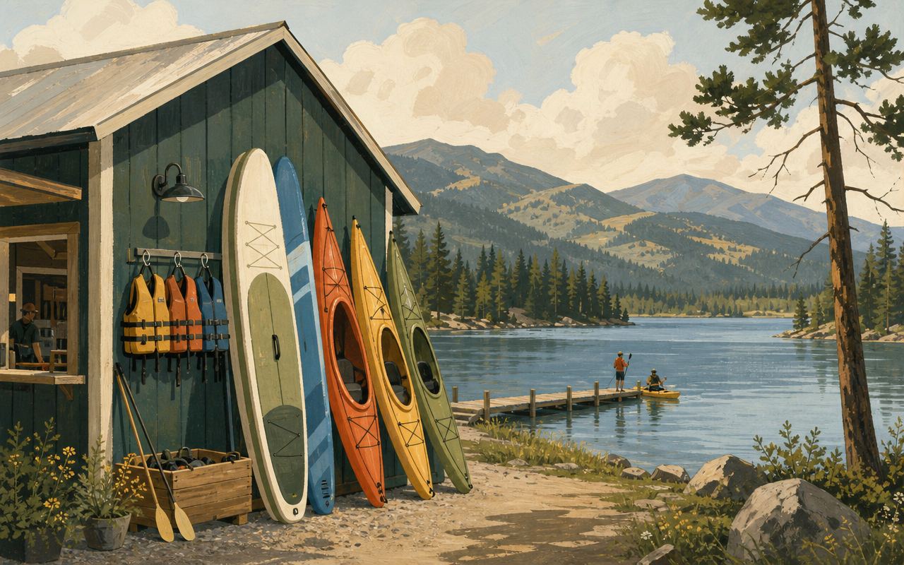 Kayaks and paddleboards racked outside a lakeside rental shack, life jackets on the wall