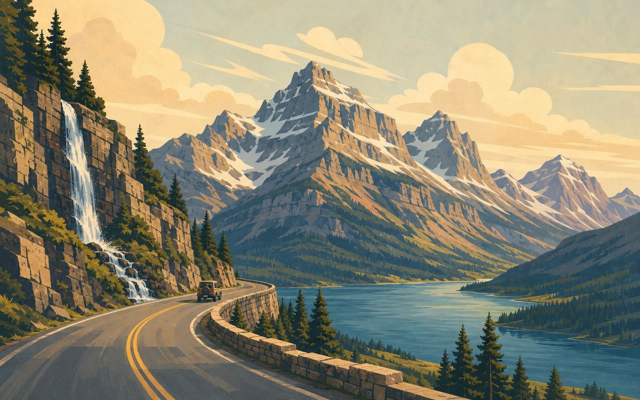 A scenic mountain highway winding along a cliffside with a waterfall beside the road