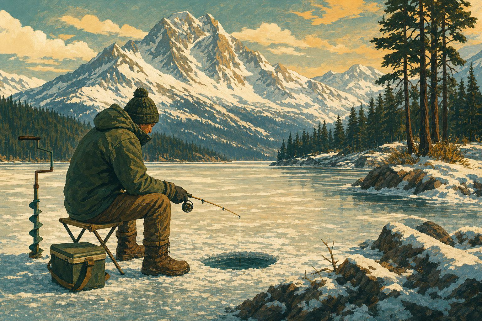 A person ice fishing beside a hole drilled in the lake ice, mountains beyond