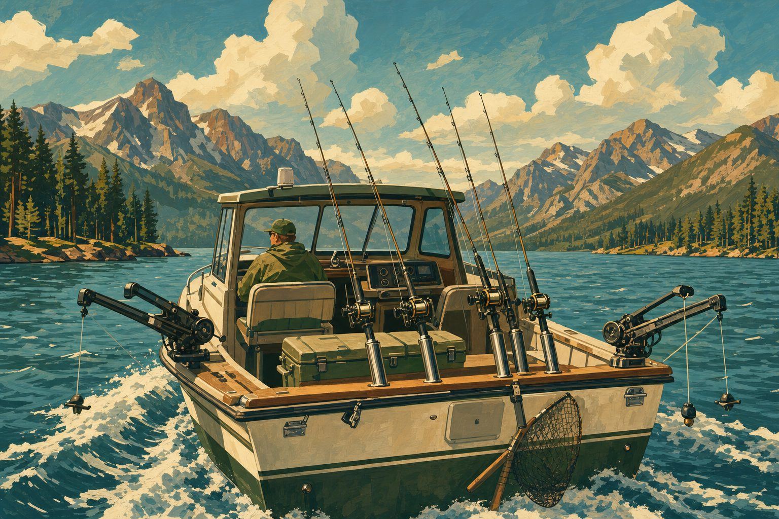 A fishing boat trolling on open lake water with mountains in the background, rods set in holders