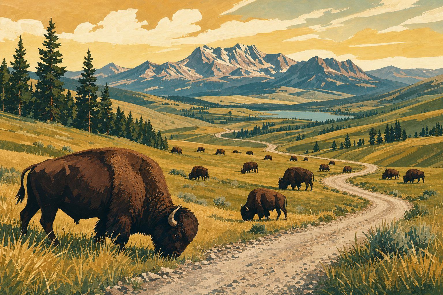 A herd of American bison grazing on open grassland hills with mountains in the distance