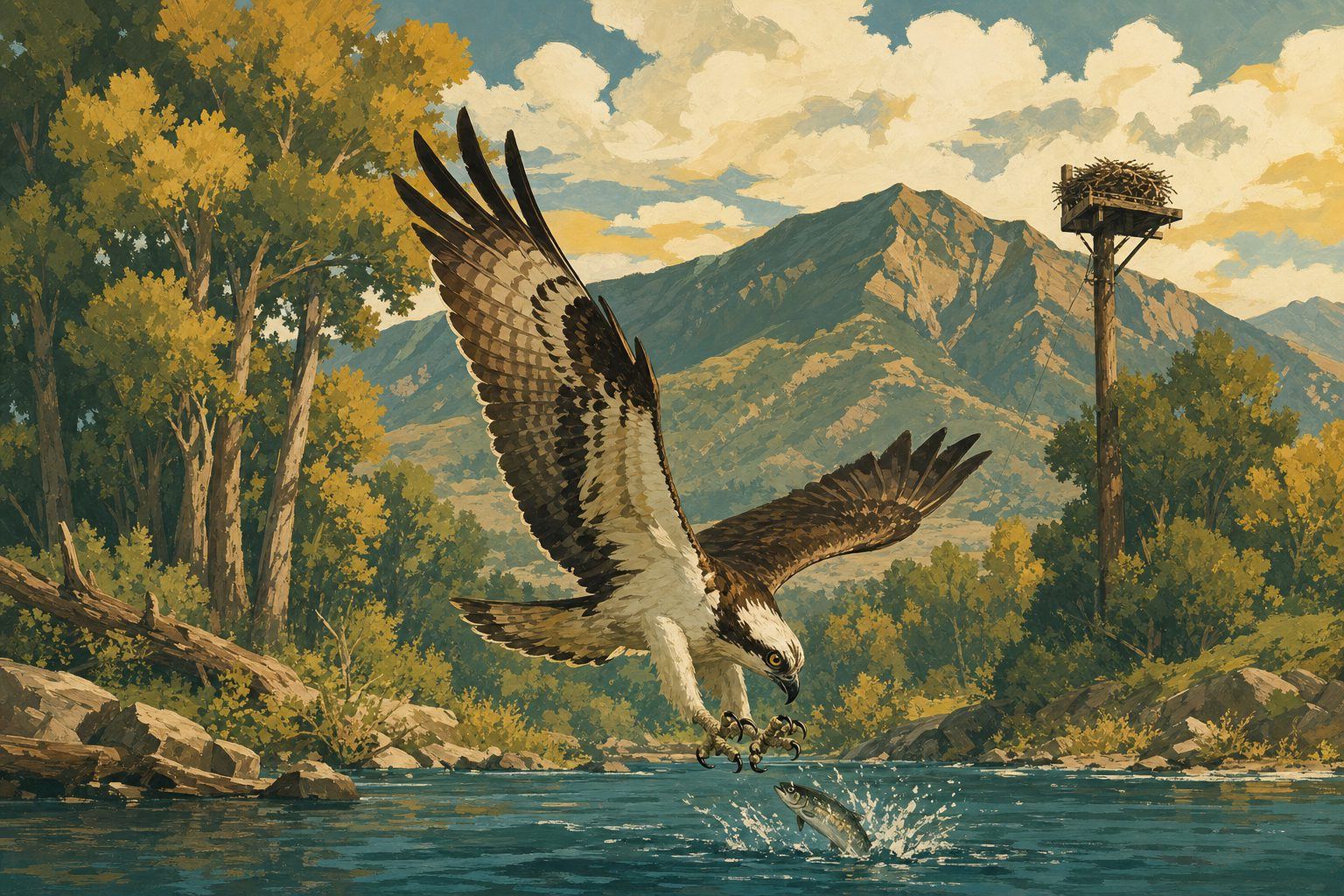 An osprey in flight over a river, wings spread, carrying a fish in its talons