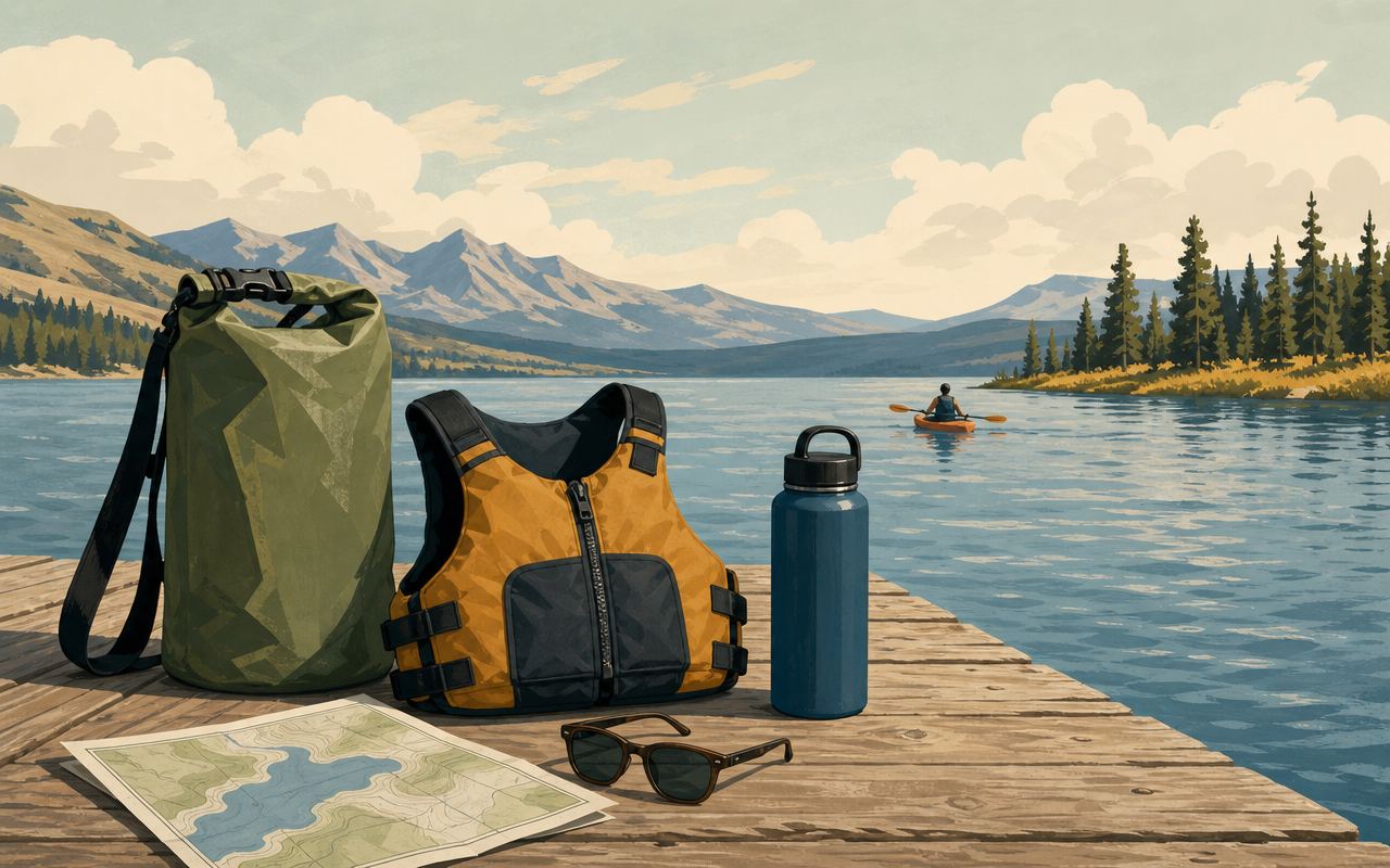 Paddling day-trip gear laid out on a lakeside dock: dry bag, life jacket, water bottle and a map