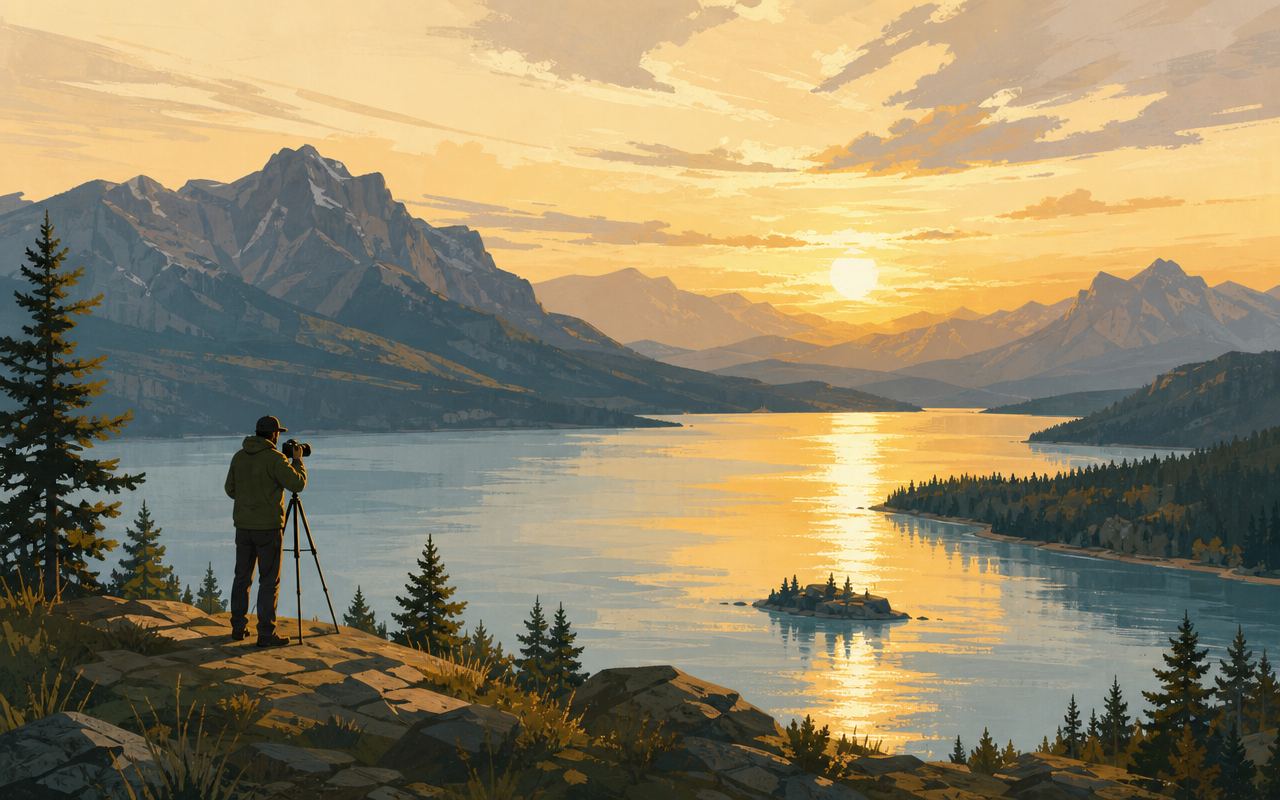 A photographer with a tripod silhouetted at a lakeside overlook at sunset