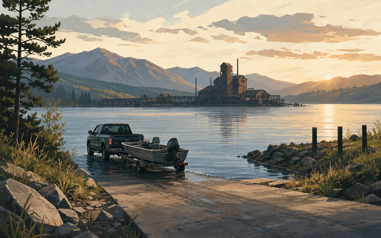 A small-town boat launch at sunrise, a truck and trailer at the ramp, calm bay beyond