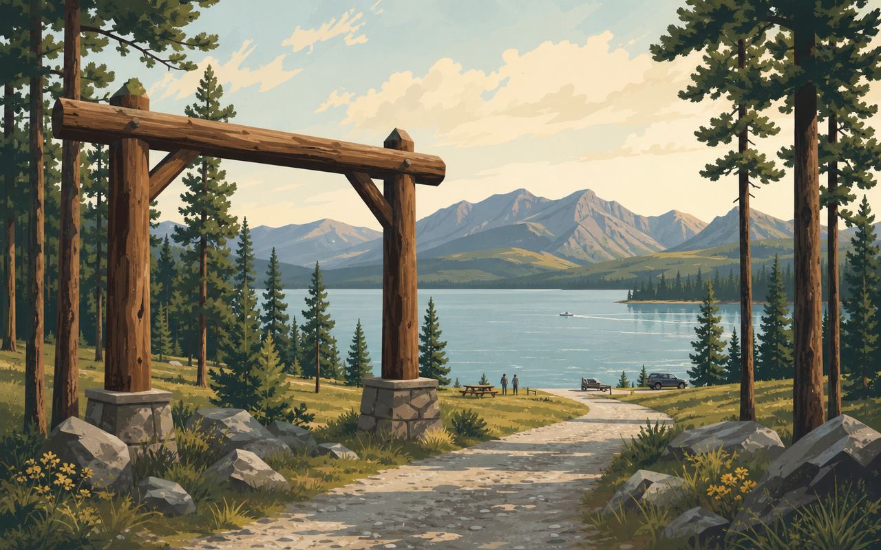 A wooden state park entrance archway on a lakeside gravel path