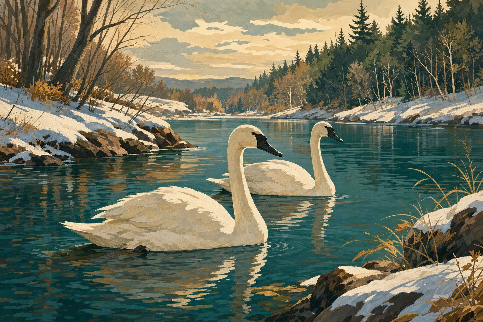 A pair of large white trumpeter swans swimming on calm river water with winter trees along the bank