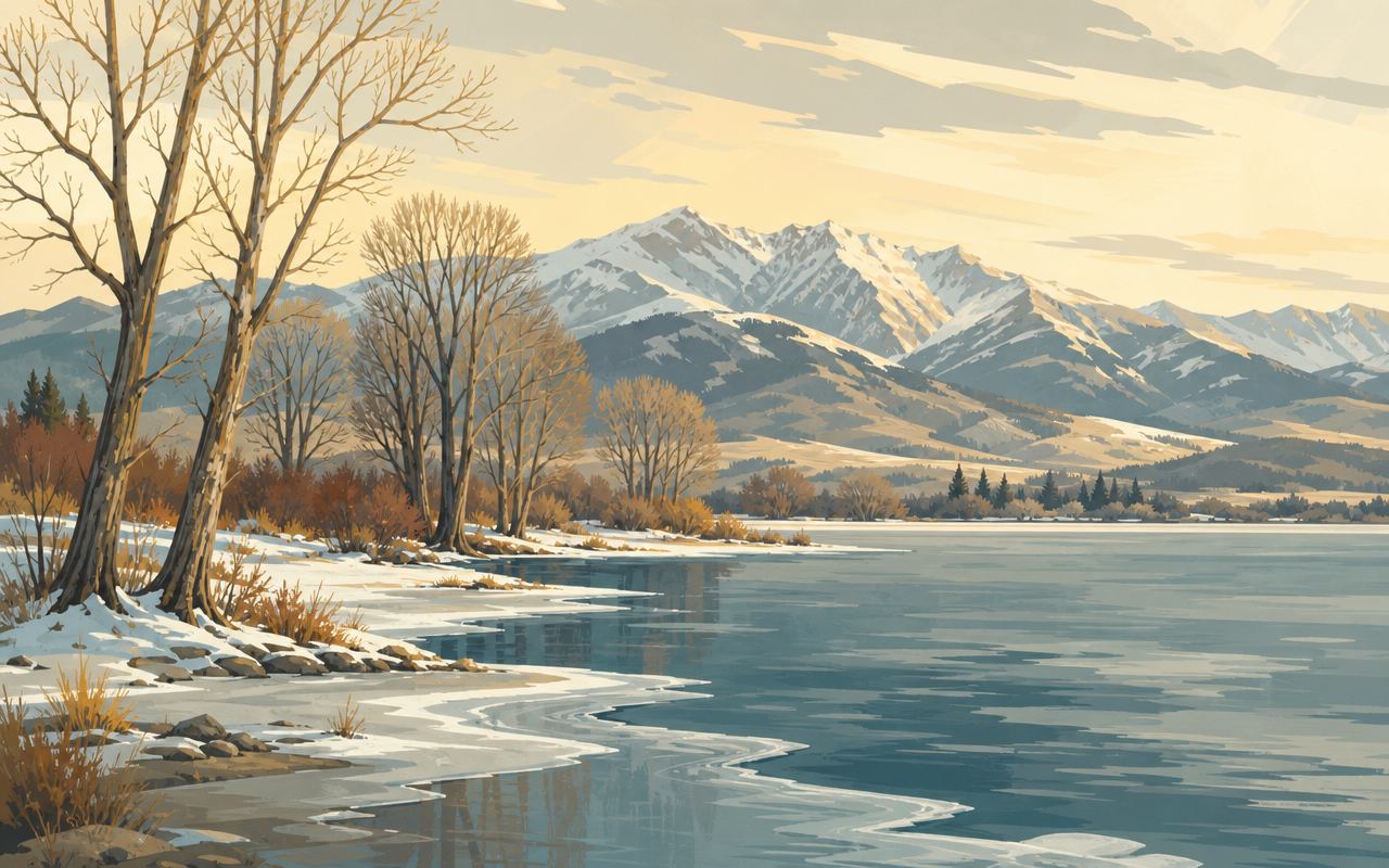 A snow-dusted lakeshore in winter with bare cottonwoods and thin ice at the water's edge