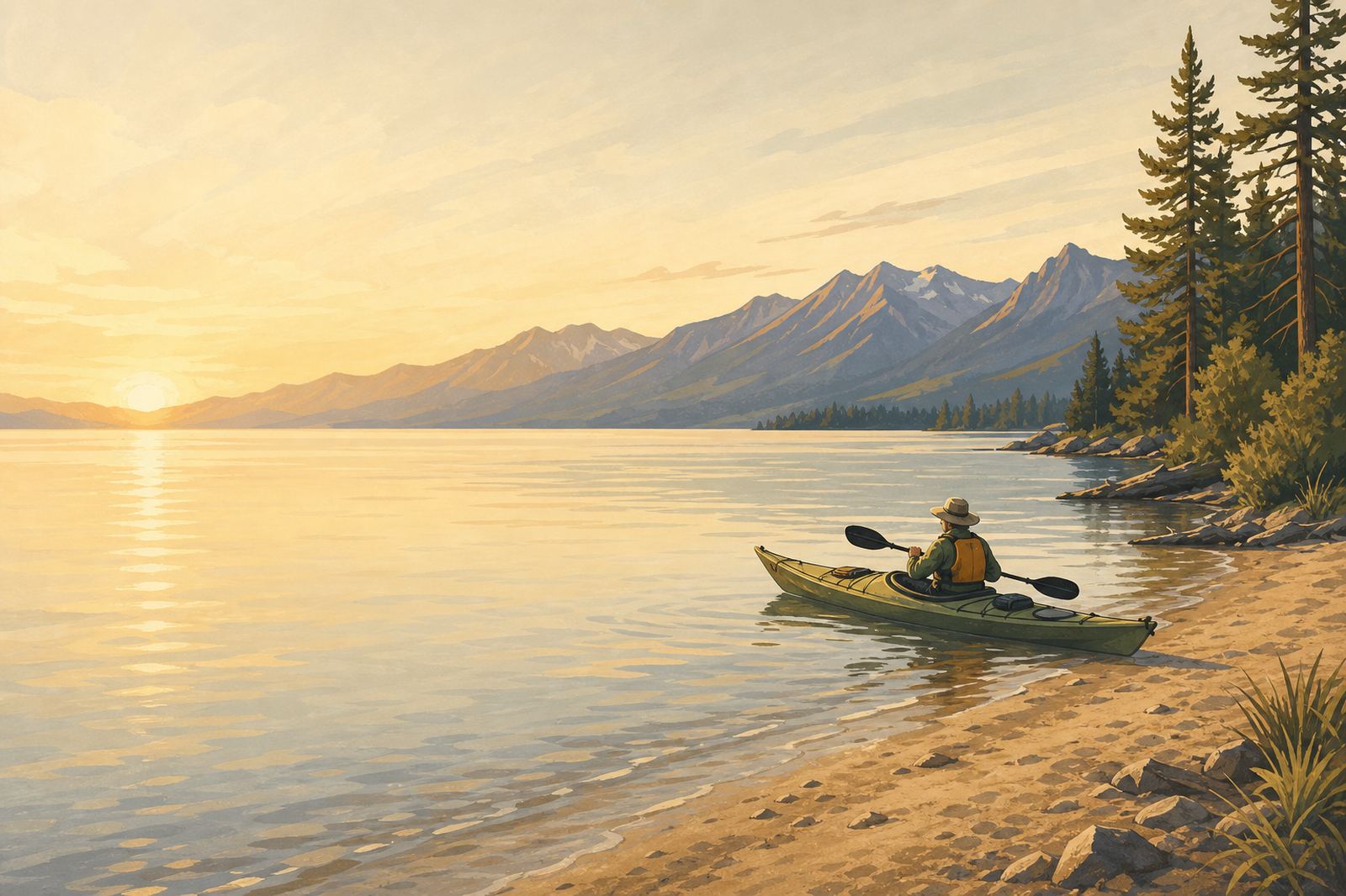 A kayak launching from a Flathead Lake beach at sunrise