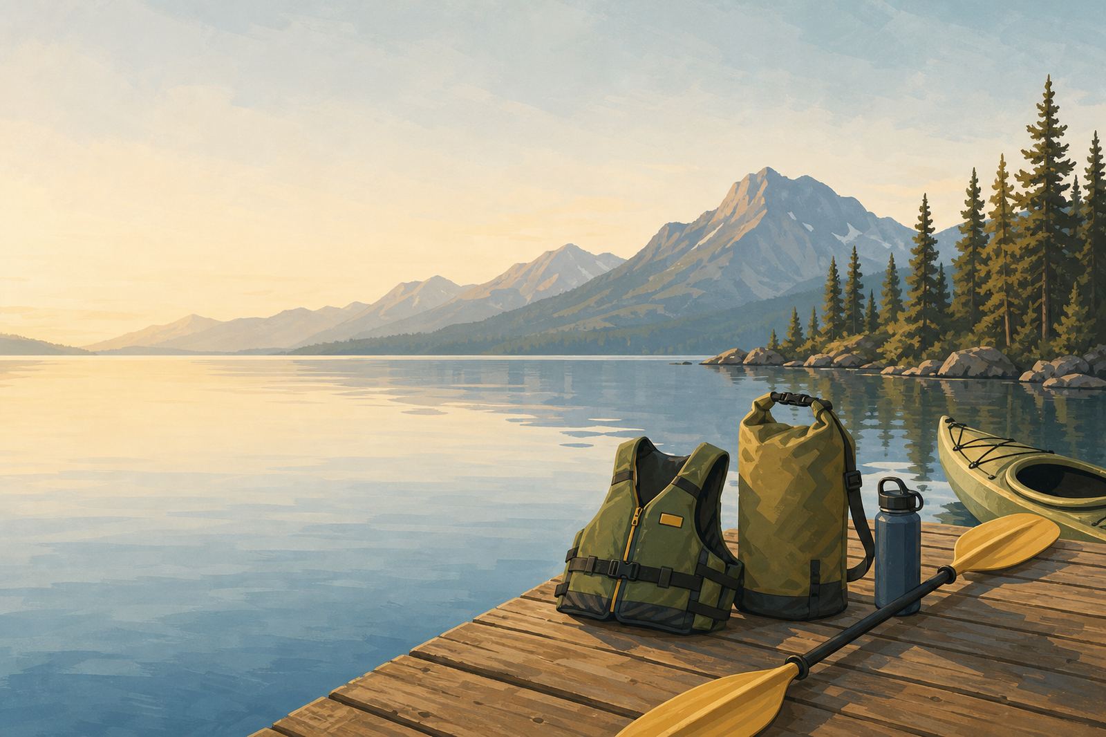 Paddling gear and life jackets laid out before launching onto Flathead Lake