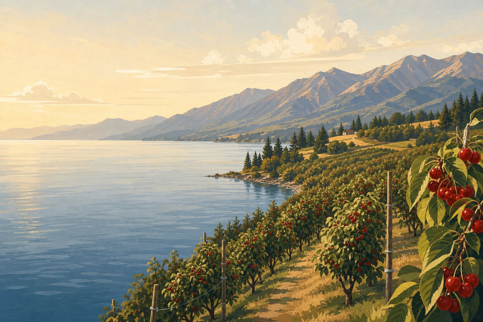 Cherry orchards along the east shore of Flathead Lake in late summer