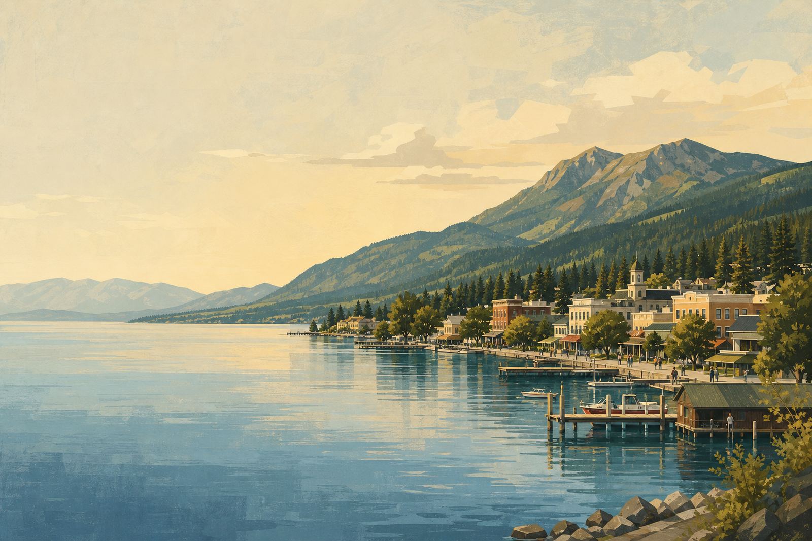 A small lakeshore town on Flathead Lake with docks and mountains behind