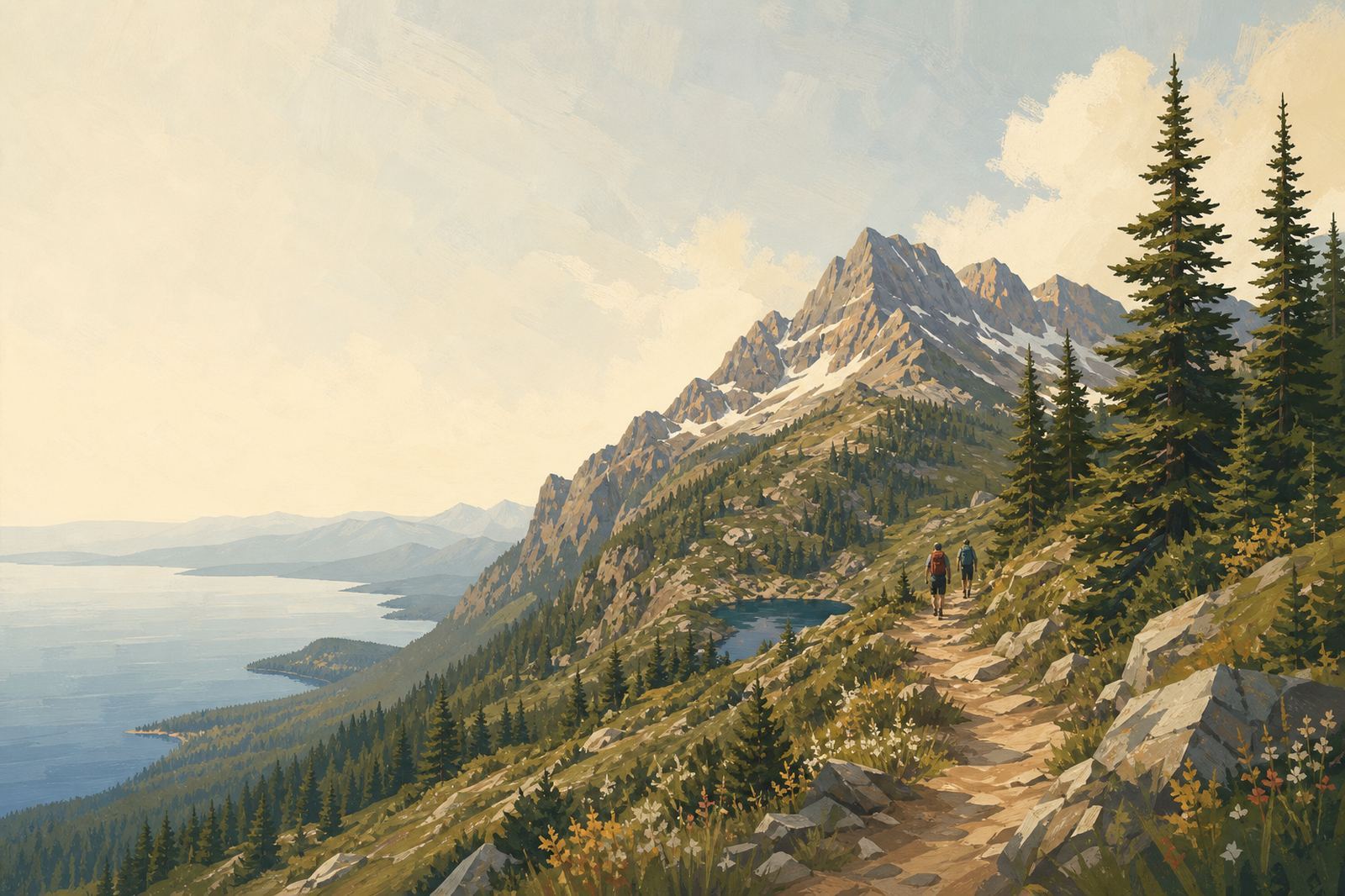 A forest trail climbing toward alpine peaks above Flathead Lake