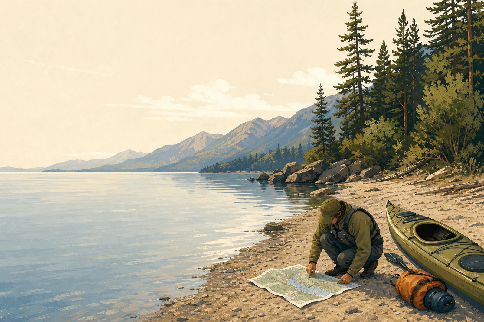 A paddler consulting a map on a Flathead Lake beach before launching