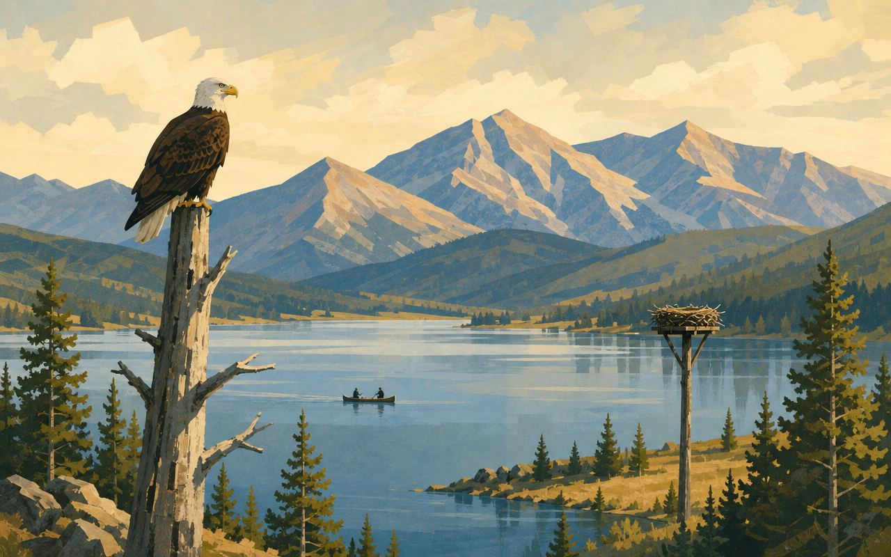 Illustration of a bald eagle perched over the lake near an osprey nest platform