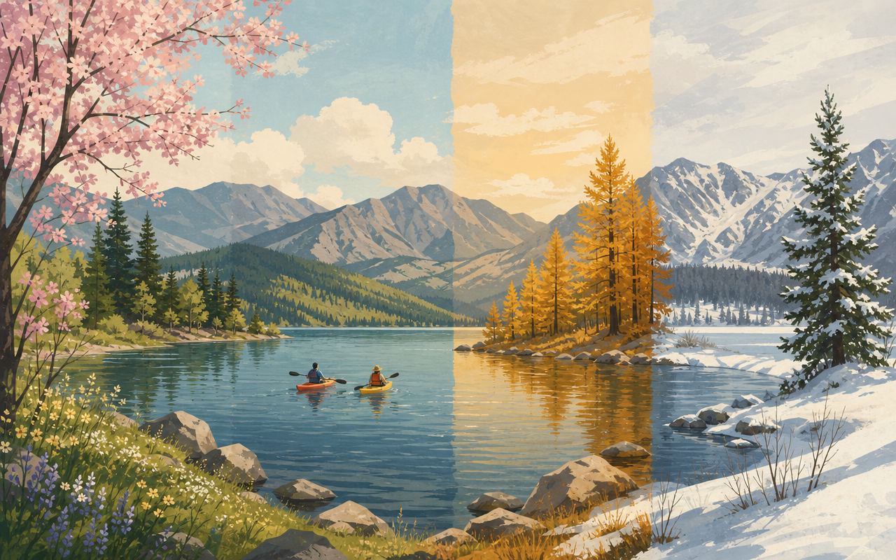 Illustration of the lake shoreline across the four seasons