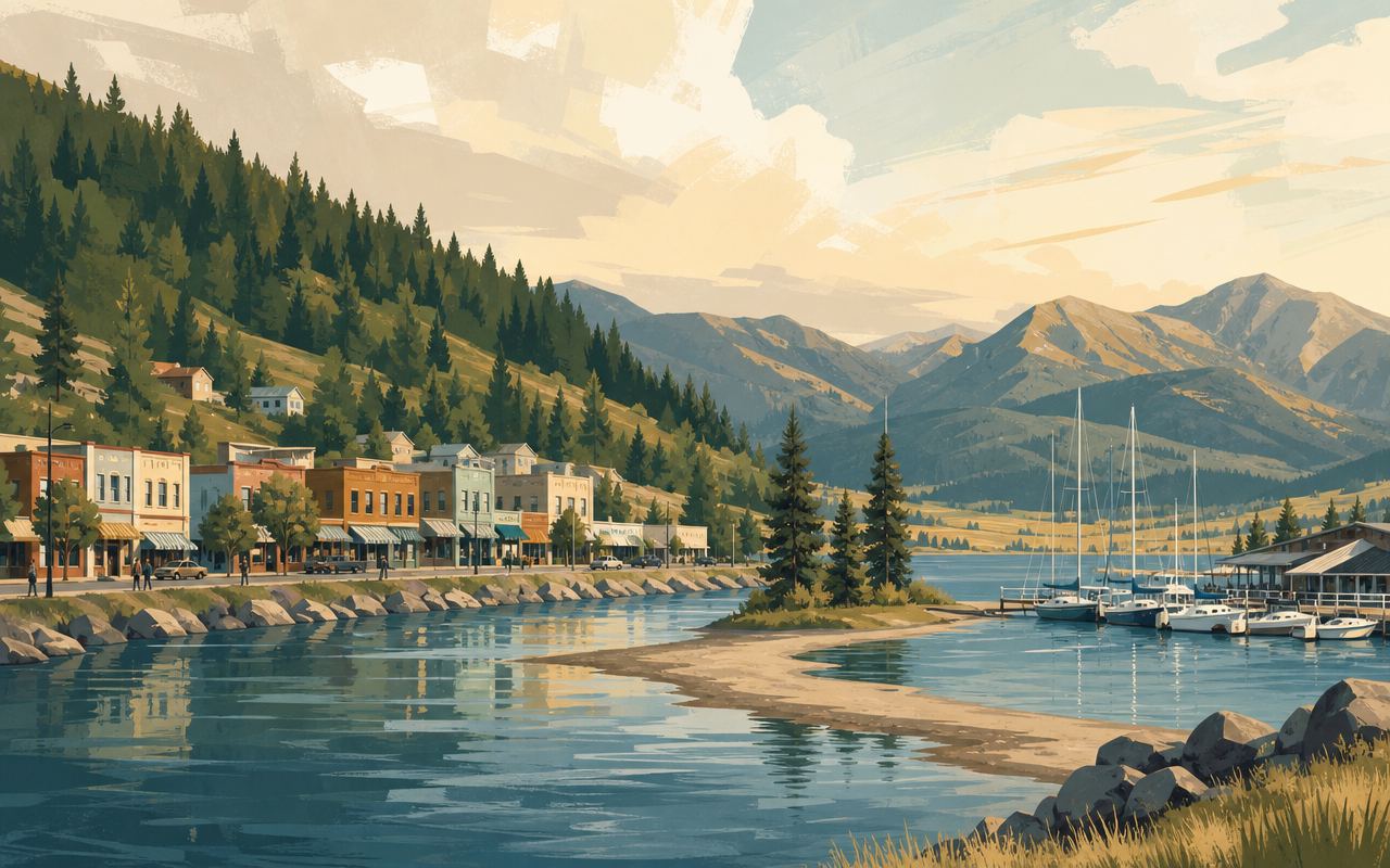 Illustration of a small lakeside village at a river mouth with a marina