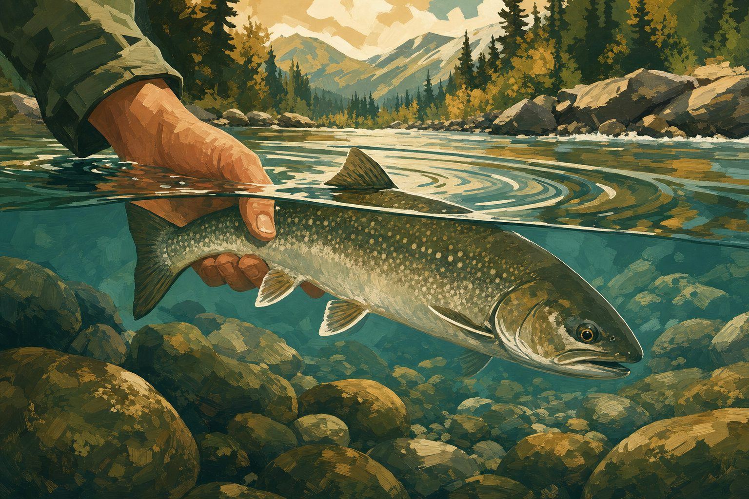 Illustration of a bull trout beneath the surface of clear, cold water