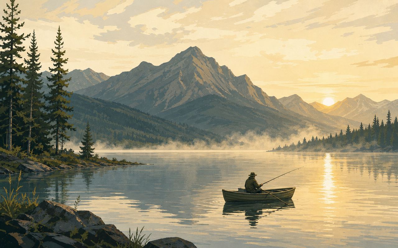 Illustration of an angler fishing from a rowboat on calm water at dawn
