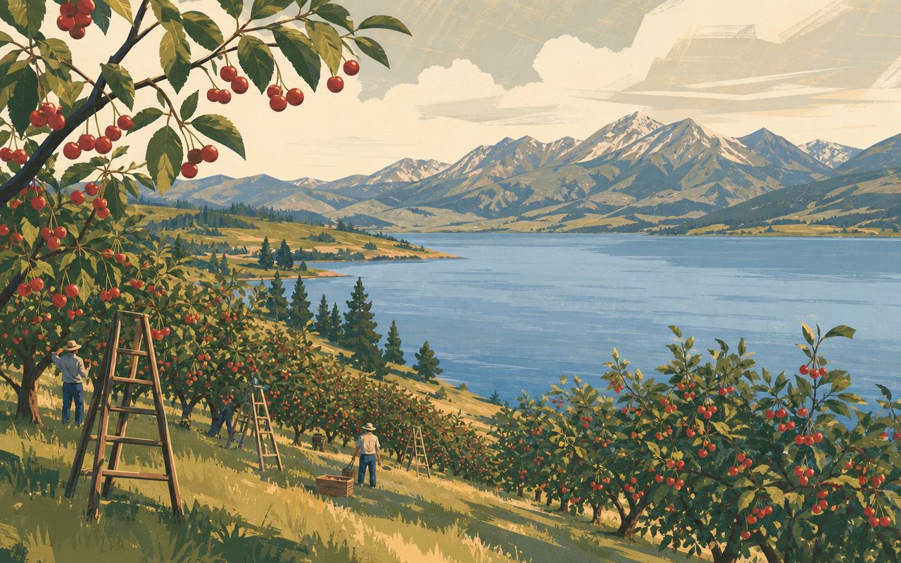 Illustration of cherry orchard rows along a gentle lakeshore slope