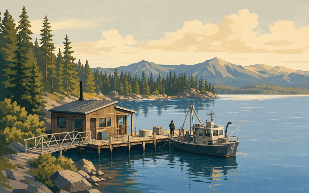 Illustration of a small lakeside research dock on a quiet bay