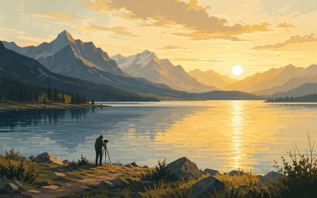 Illustration of a photographer with a tripod at the lakeshore during golden hour