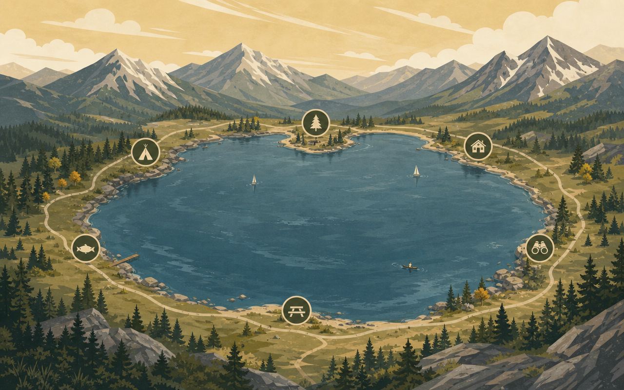 Illustrated map of the lake with its six state park units marked around the shoreline