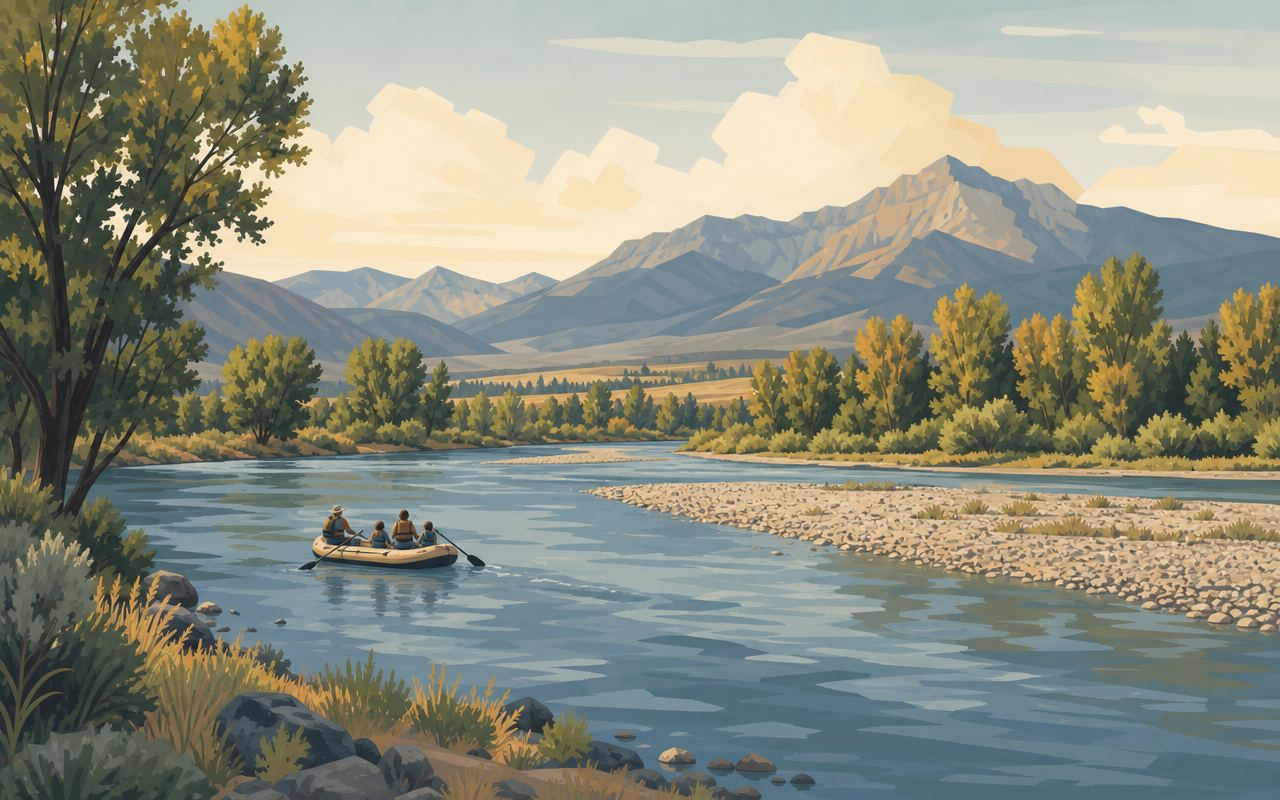 Illustration of a family floating a calm, wide river past a gravel bar and cottonwoods