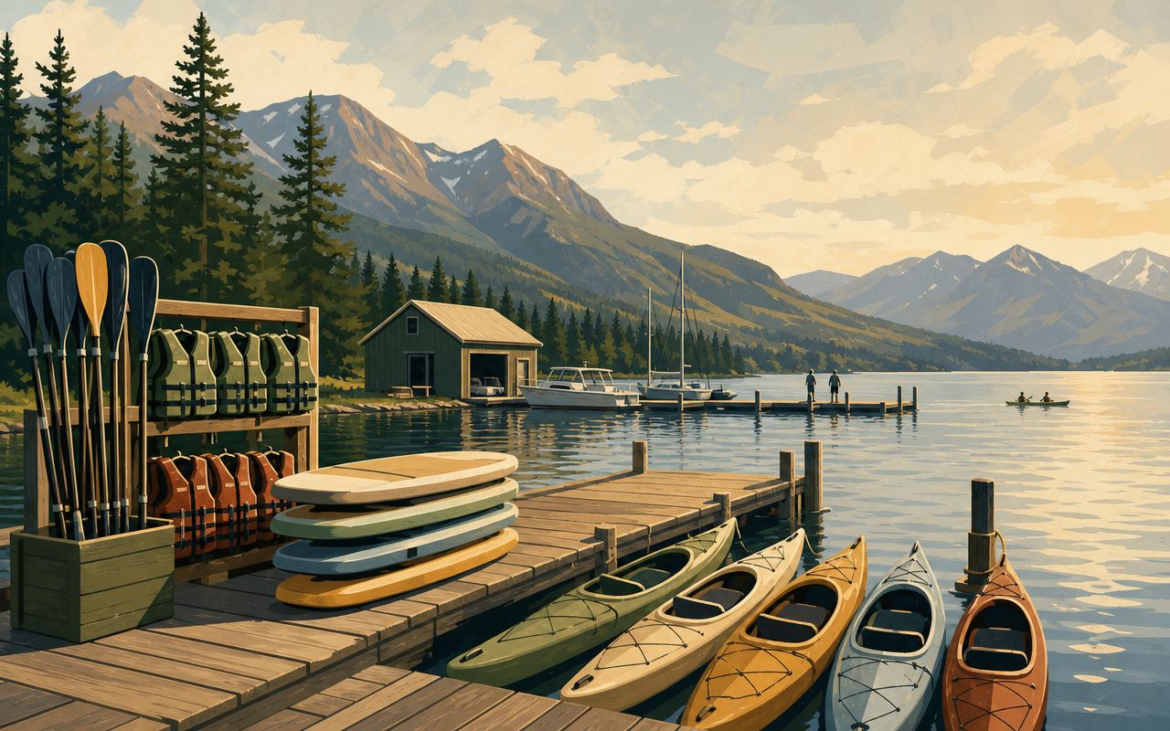 Illustration of kayaks and paddleboards lined up on a lake marina dock