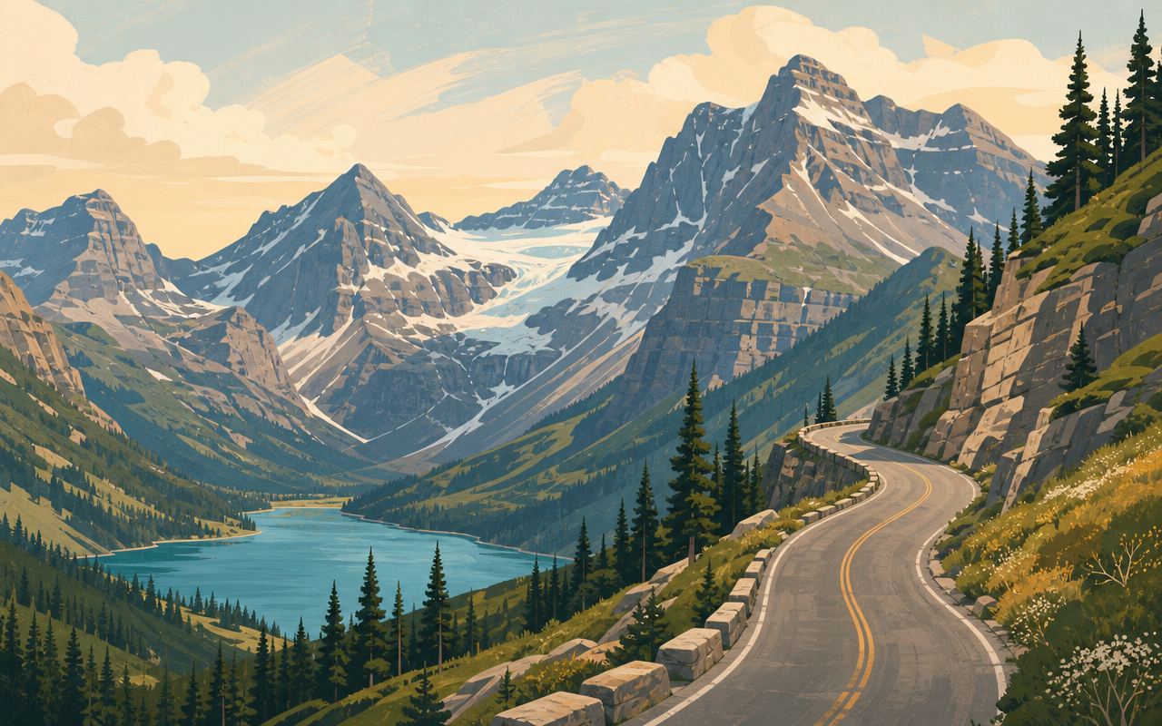 Illustration of a mountain road climbing toward snow-streaked alpine peaks