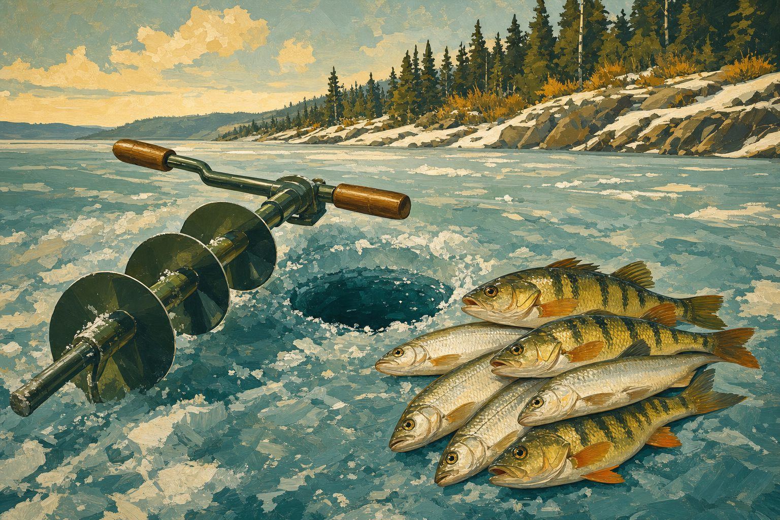 Illustration of an ice fishing setup on a frozen bay, mountains beyond