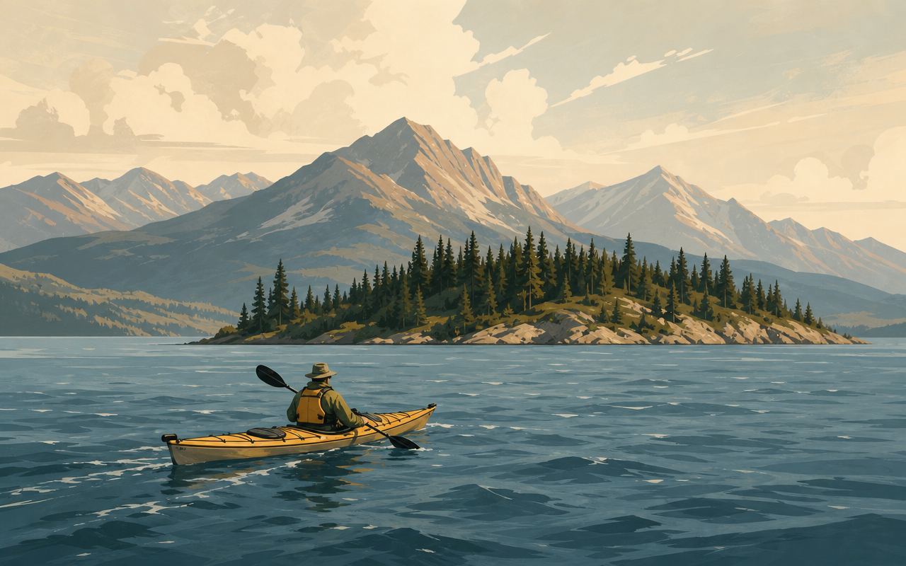 Illustration of a sea kayak crossing open lake water toward a distant island