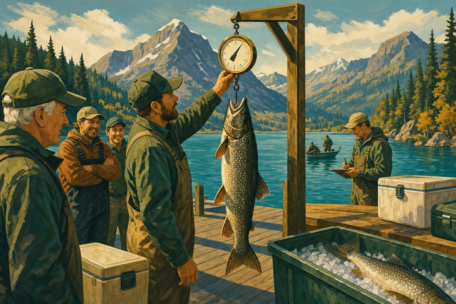 Illustration of anglers trolling for lake trout from a boat on open water with rods set in holders