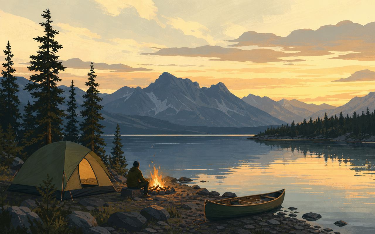 Illustration of a lakeshore campsite at dusk with a canoe pulled up on shore