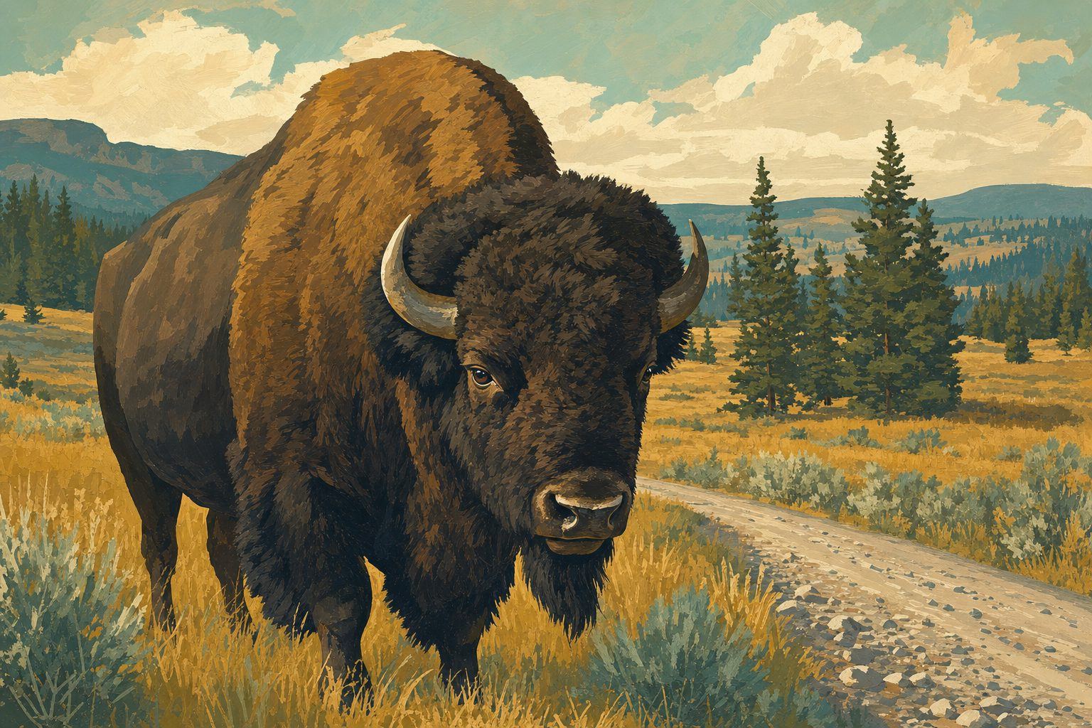 Illustration of bison grazing on open prairie hills along a scenic drive