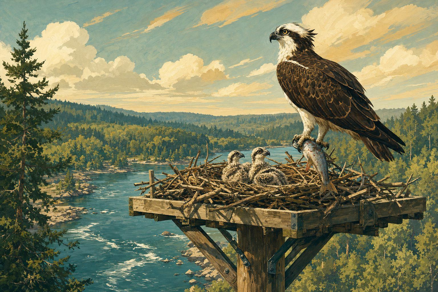 Illustration of an osprey nest platform on a riverside pole above the Flathead River