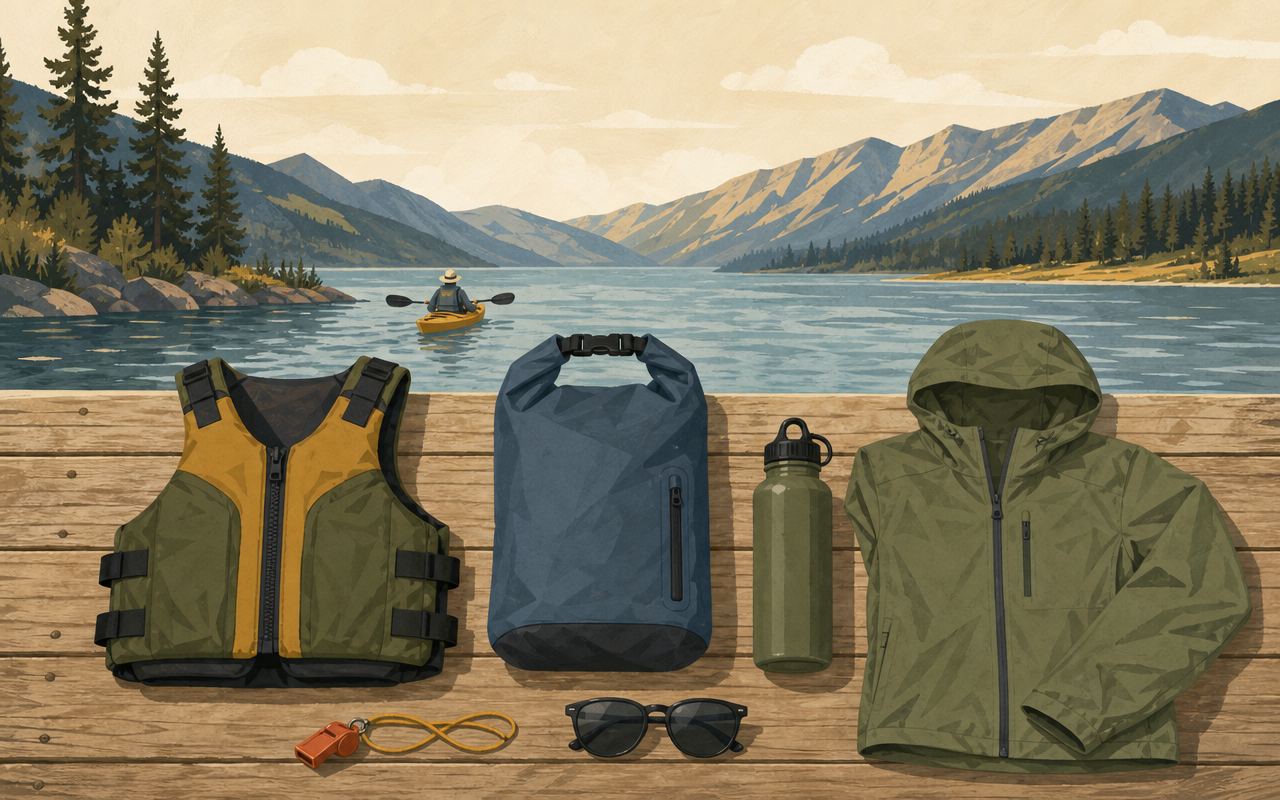 Flat-lay illustration of paddling day-trip gear on a dock