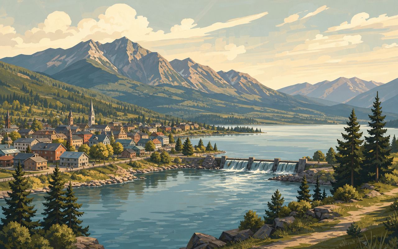 Illustration of a small town at the lake's outlet with a dam visible downstream