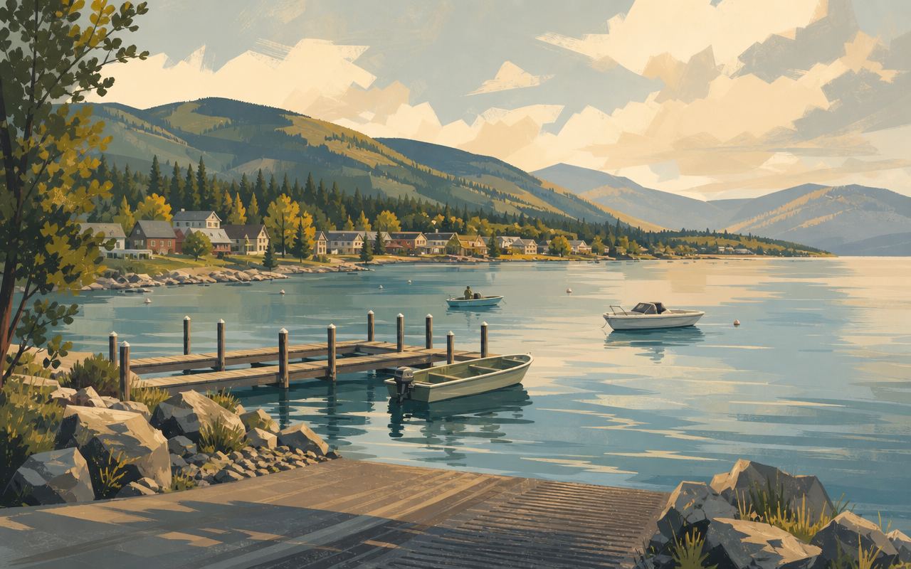 Illustration of a small-town boat launch on a sheltered north-shore bay