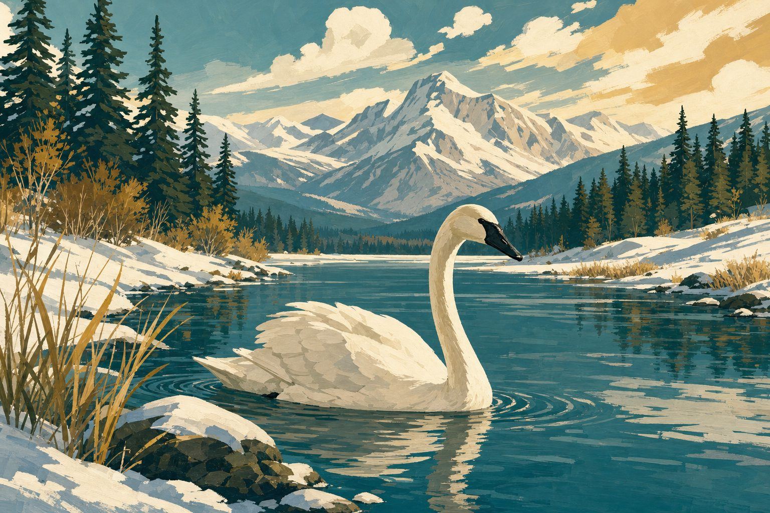 Illustration of trumpeter swans on open winter river water surrounded by snow-dusted banks