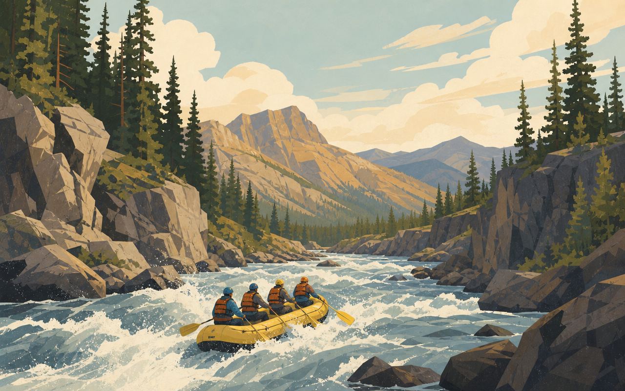 Illustration of a raft running whitewater rapids through a forested canyon