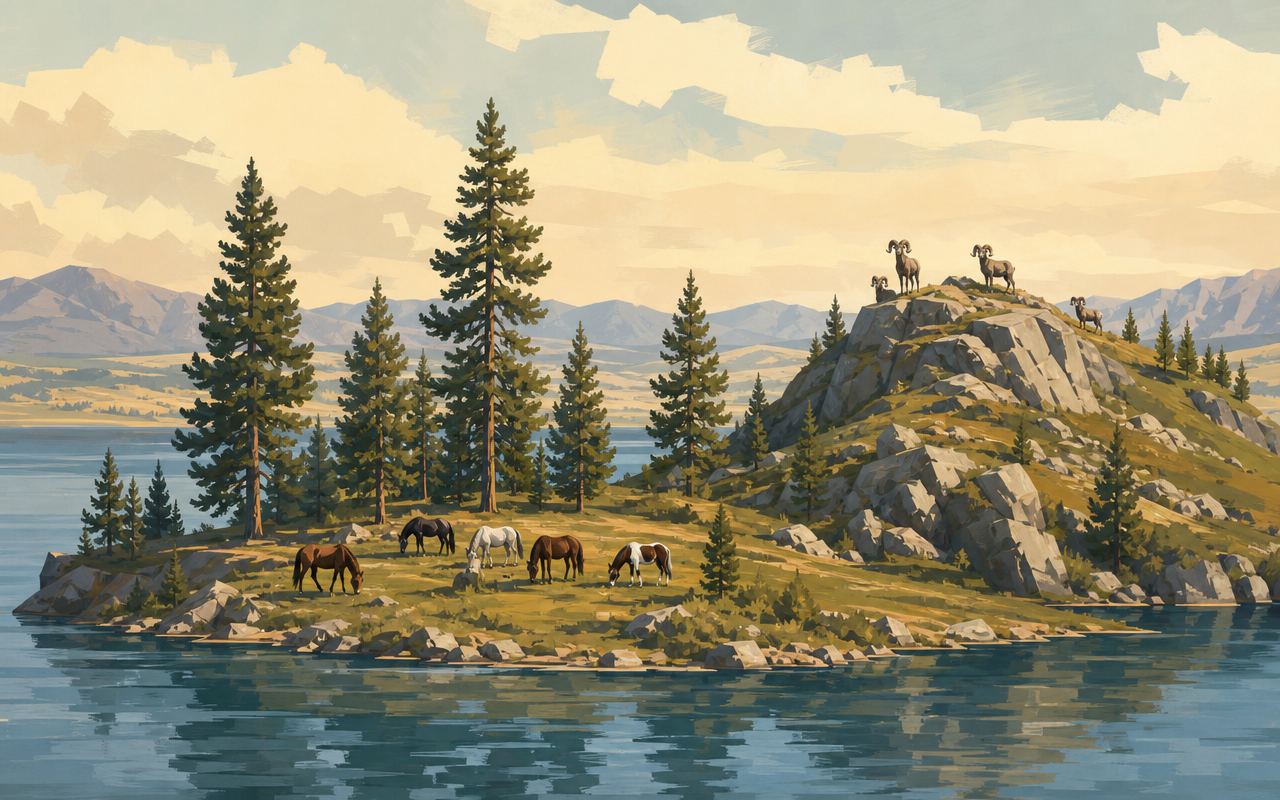 Illustration of wild horses grazing on a grassy island shoreline