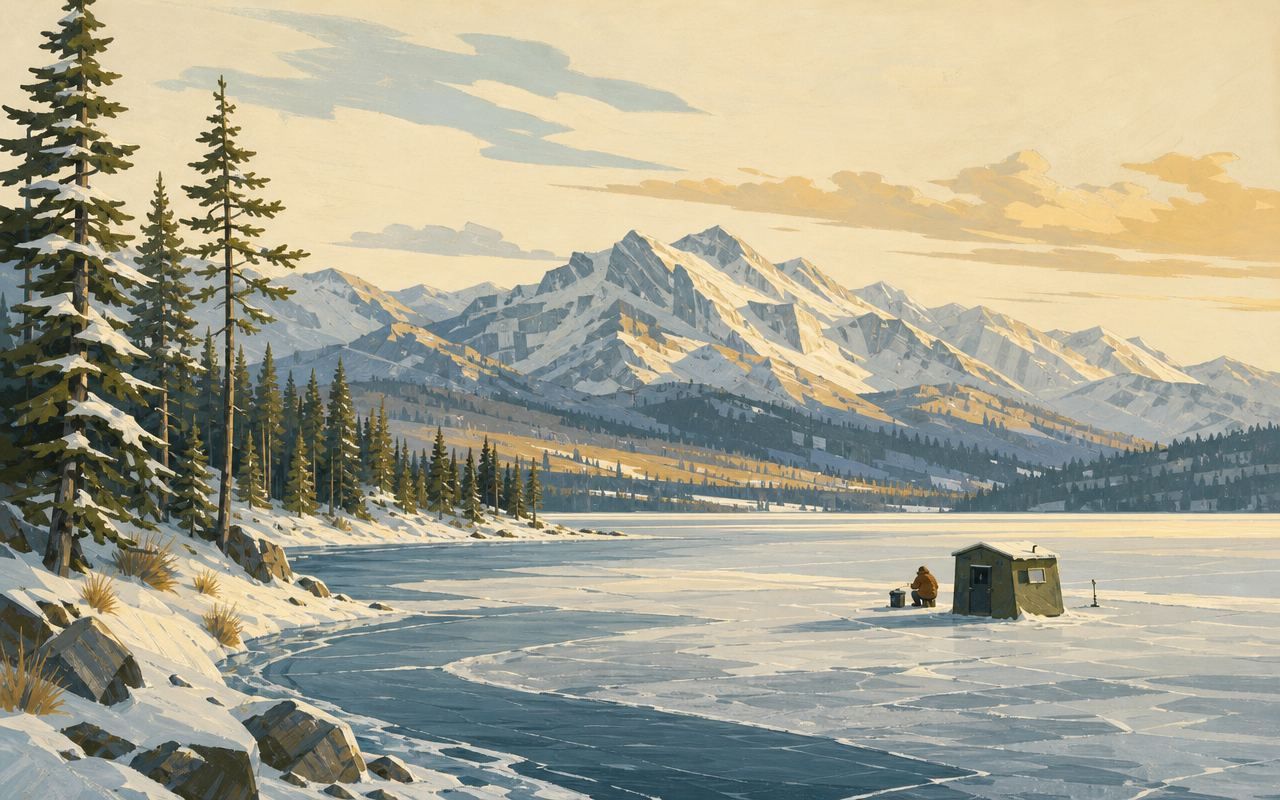 Illustration of an icy lake shoreline in winter with a small ice-fishing shelter